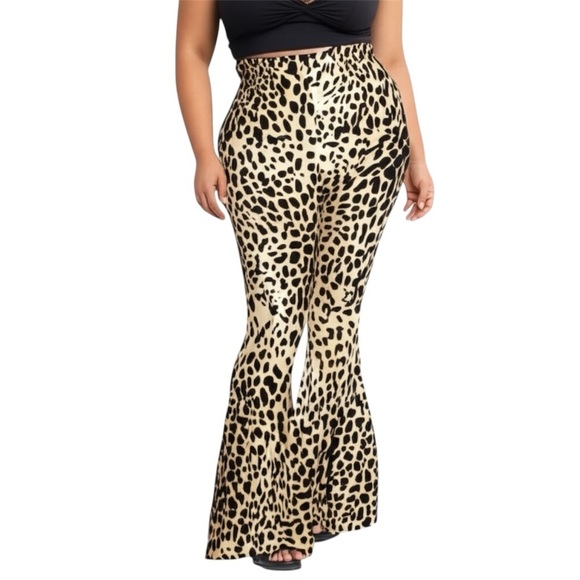 Animal Print Wide Flare Pants 1X Tan Black - Picture 1 of 9